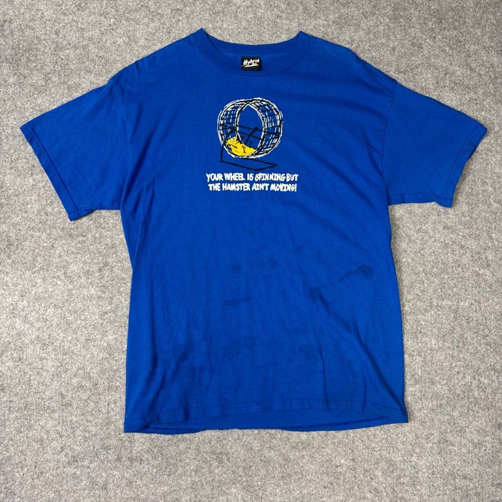 Hybrid Tees Hamster Wheel‎ Graphic T-Shirt Mens Large Blue Funny Sarcastic Shirt